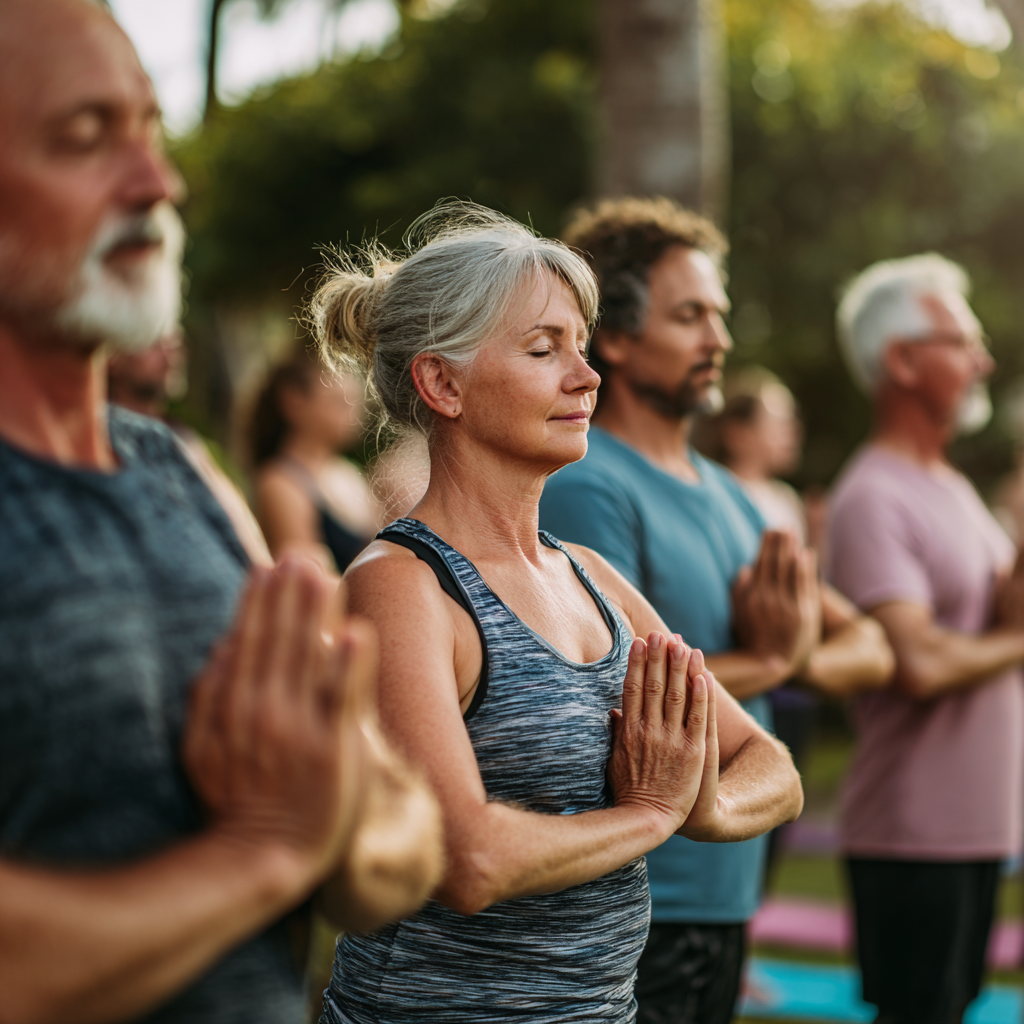 Group of middle-aged and older adults practicing yoga together outdoors